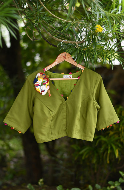 Mehndi Green Hand Embroidered Butter Crepe Blouse - Naksheband
