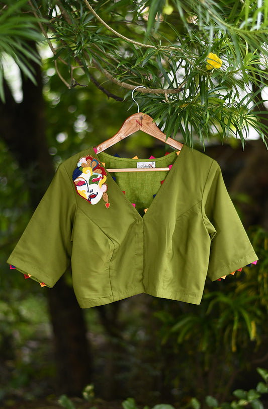 Mehndi Green Hand Embroidered Butter Crepe Blouse - Naksheband
