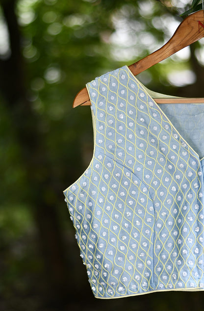 Pearl Blue Hand Embroidered Pure Silk Chanderi Blouse