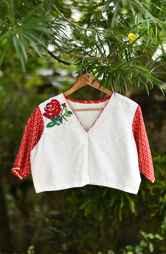 Off White and Red Hand Embroidered Pure Silk Chanderi Blouse - Naksheband