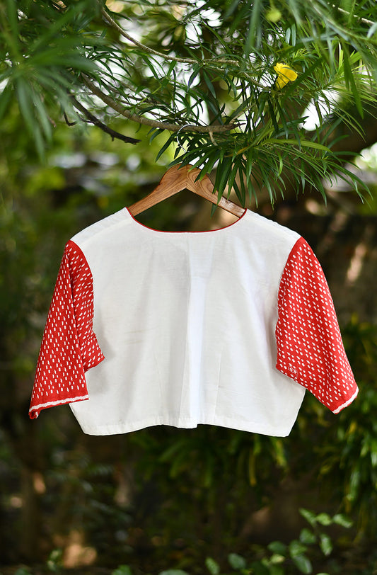 Off White and Red Hand Embroidered Pure Silk Chanderi Blouse - Naksheband