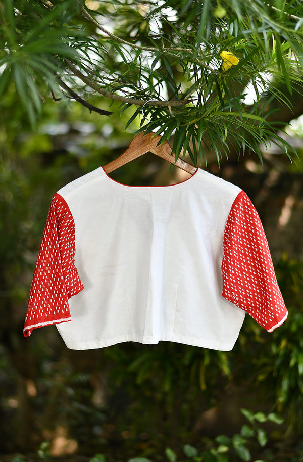 Off White and Red Hand Embroidered Pure Silk Chanderi Blouse