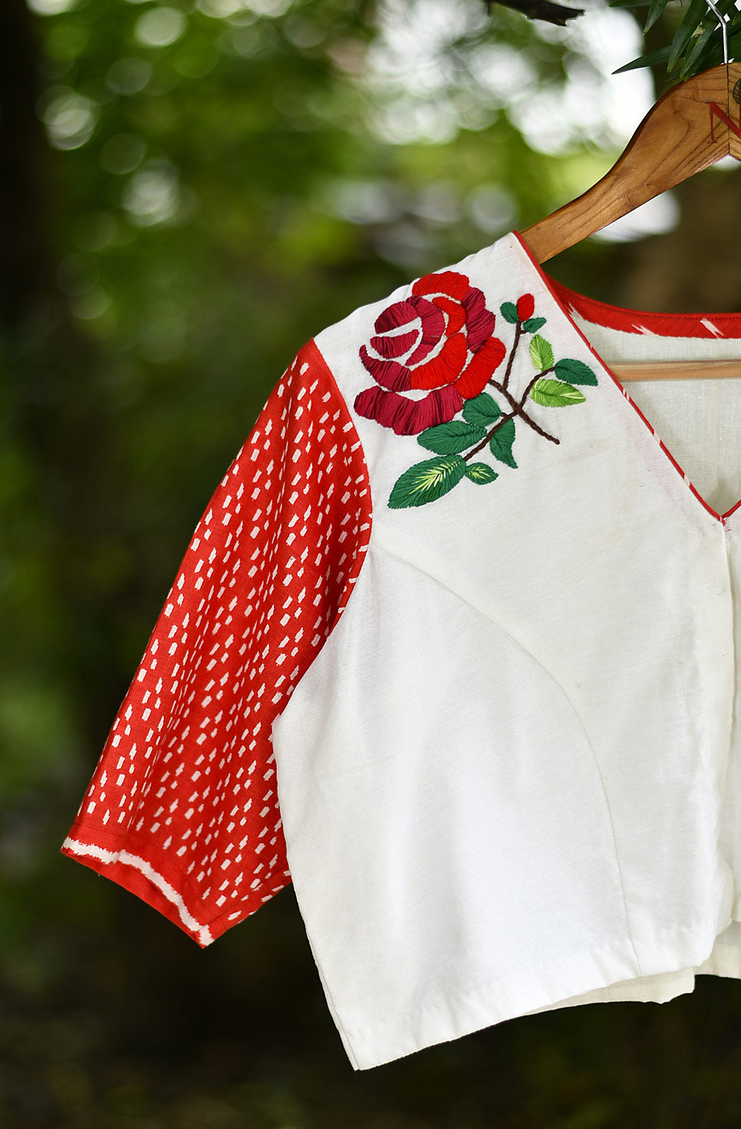 Off White and Red Hand Embroidered Pure Silk Chanderi Blouse - Naksheband