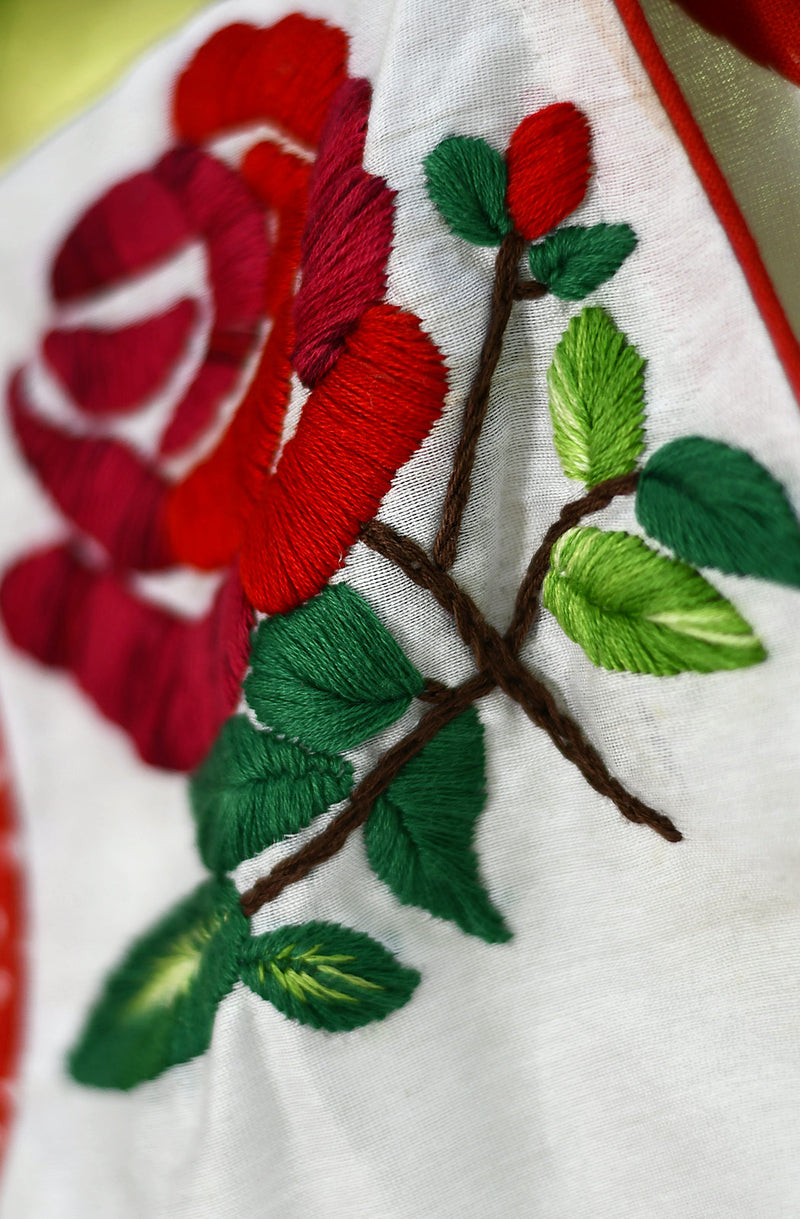 Off White and Red Hand Embroidered Pure Silk Chanderi Blouse