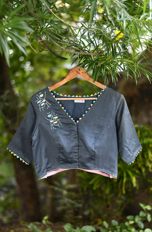 Dark Grey Hand Embroidered Pure Silk Chanderi Blouse - Naksheband