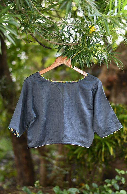 Dark Grey Hand Embroidered Pure Silk Chanderi Blouse - Naksheband