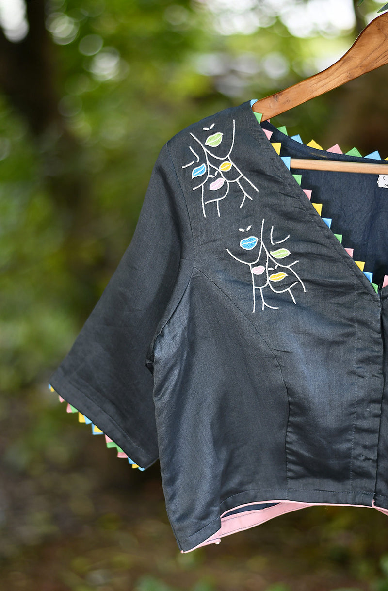 Dark Grey Hand Embroidered Pure Silk Chanderi Blouse