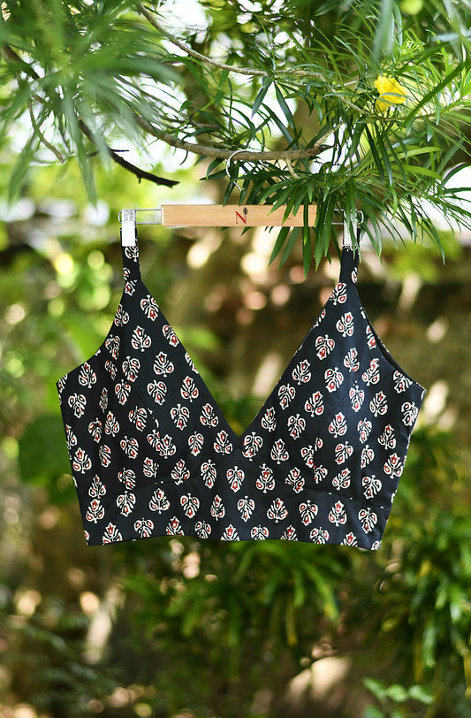 Black Hand Block Print Cotton Blouse - Naksheband