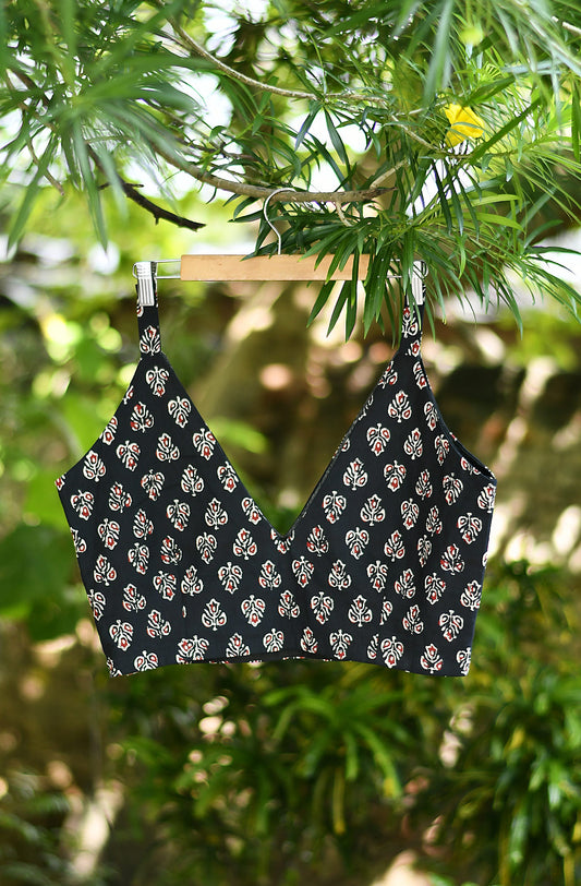 Black Hand Block Print Cotton Blouse - Naksheband