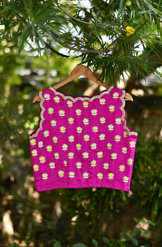 Fuchsia Hand Embroidered Pure Raw Silk Blouse - Naksheband