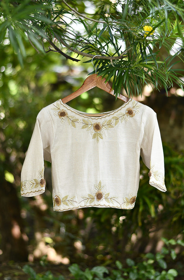 Cream Hand Embroidered Pure Silk Tissue Blouse