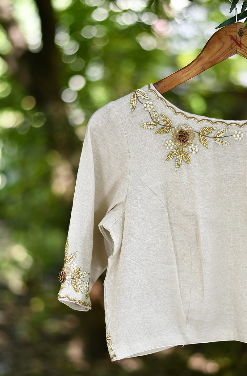 Cream Hand Embroidered Pure Silk Tissue Blouse