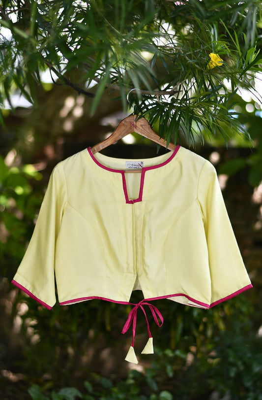 Light Lemon Hand Embroidered Pure Silk Chanderi Blouse - Naksheband