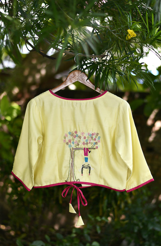 Light Lemon Hand Embroidered Pure Silk Chanderi Blouse - Naksheband
