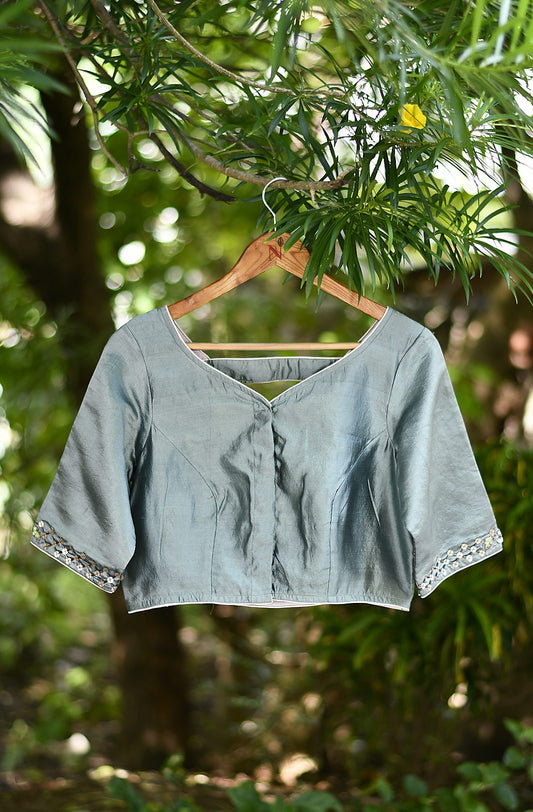 Light Grey Hand Embroidered Pure Silk Chanderi Blouse - Naksheband