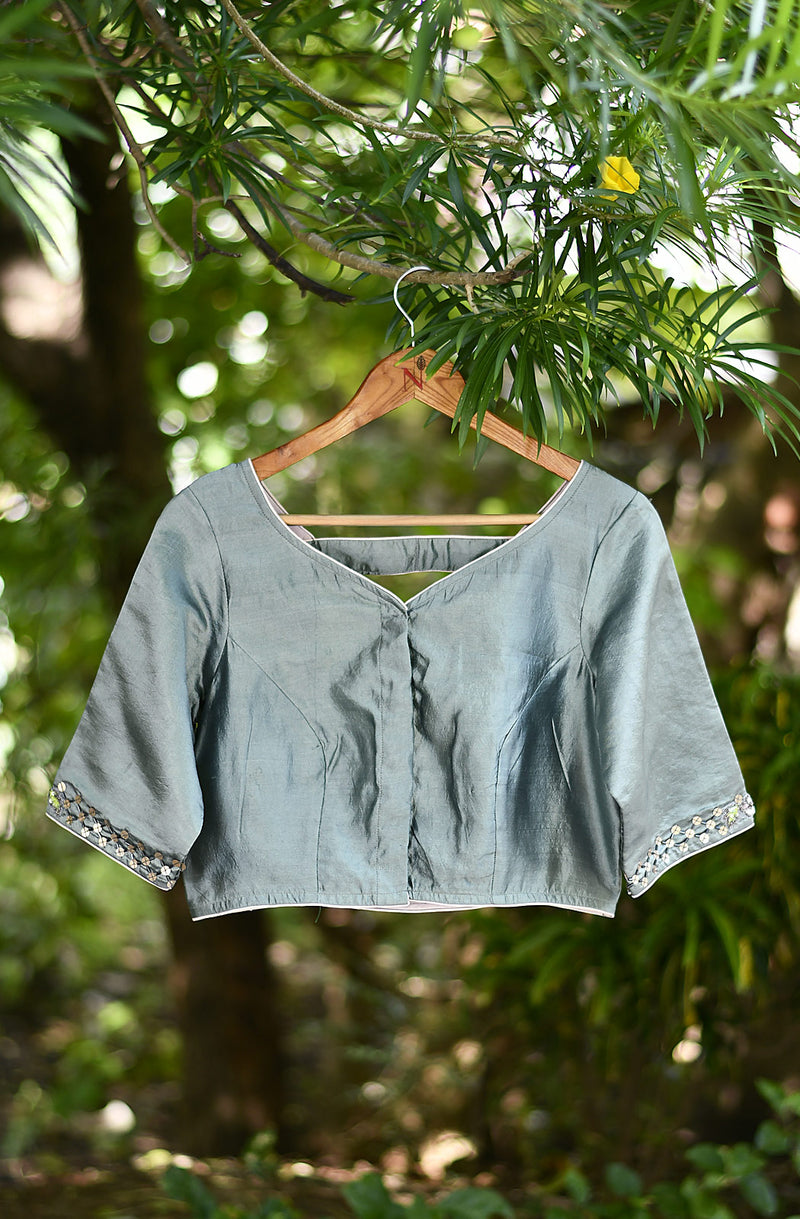 Light Grey Hand Embroidered Pure Silk Chanderi Blouse