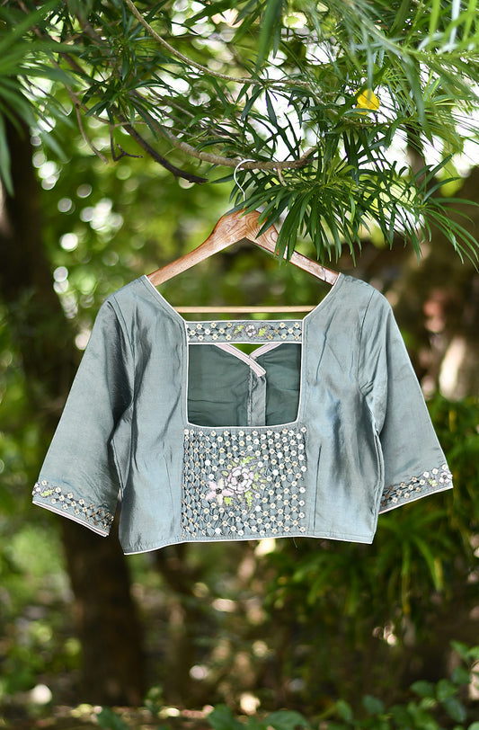 Light Grey Hand Embroidered Pure Silk Chanderi Blouse - Naksheband