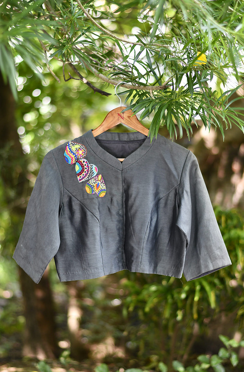 Grey Hand Embroidered Pure Silk Chanderi Blouse