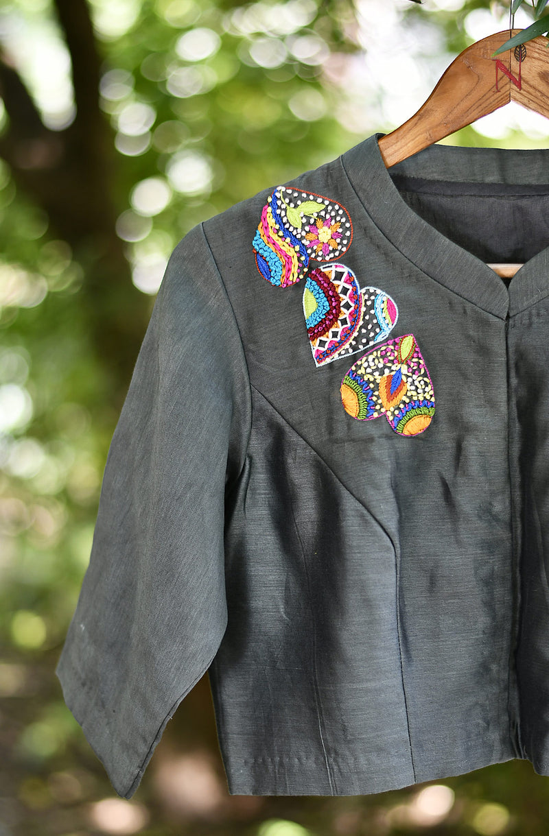 Grey Hand Embroidered Pure Silk Chanderi Blouse