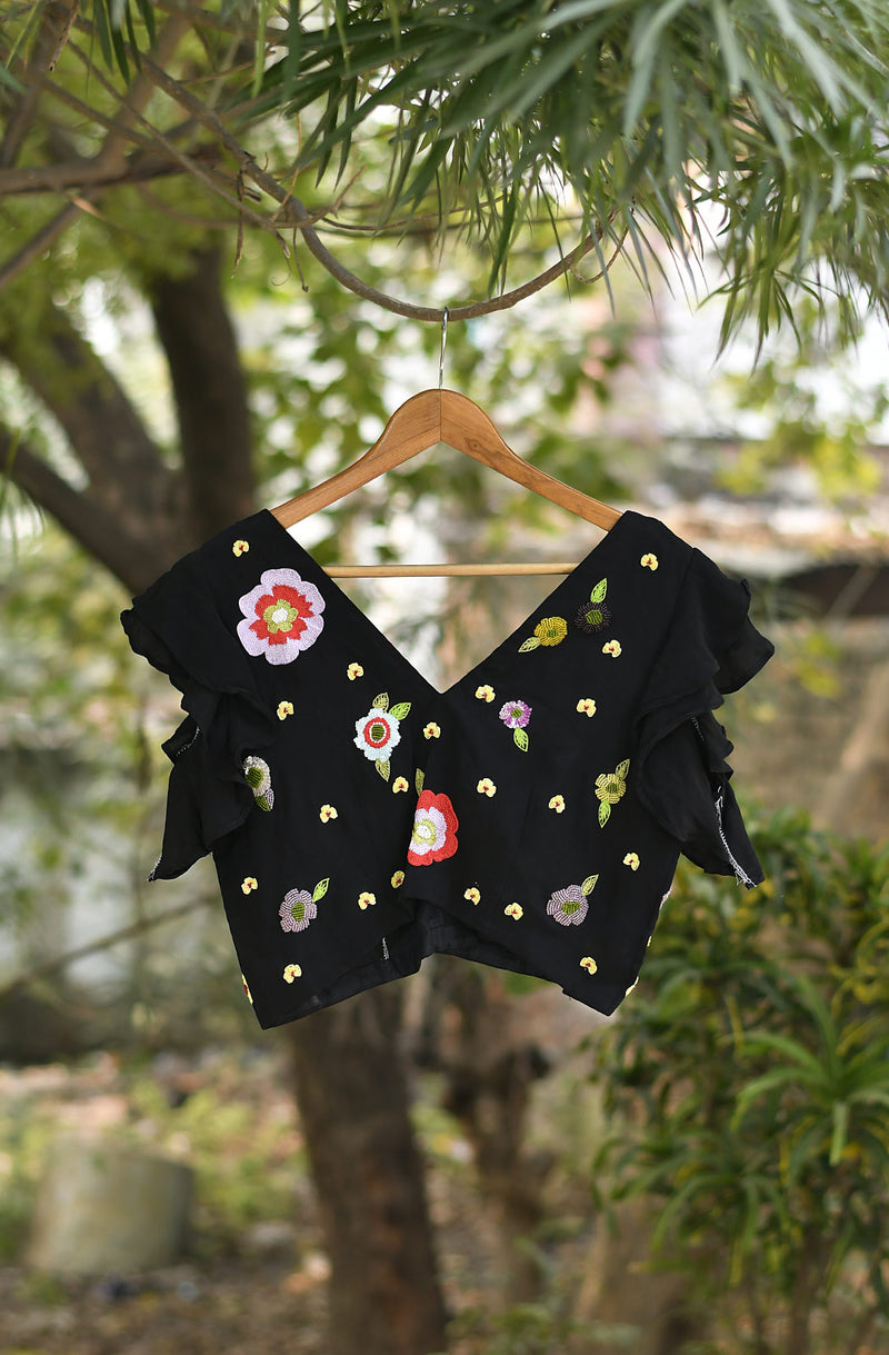 Black Pure Crepe Hand Embroidered Blouse