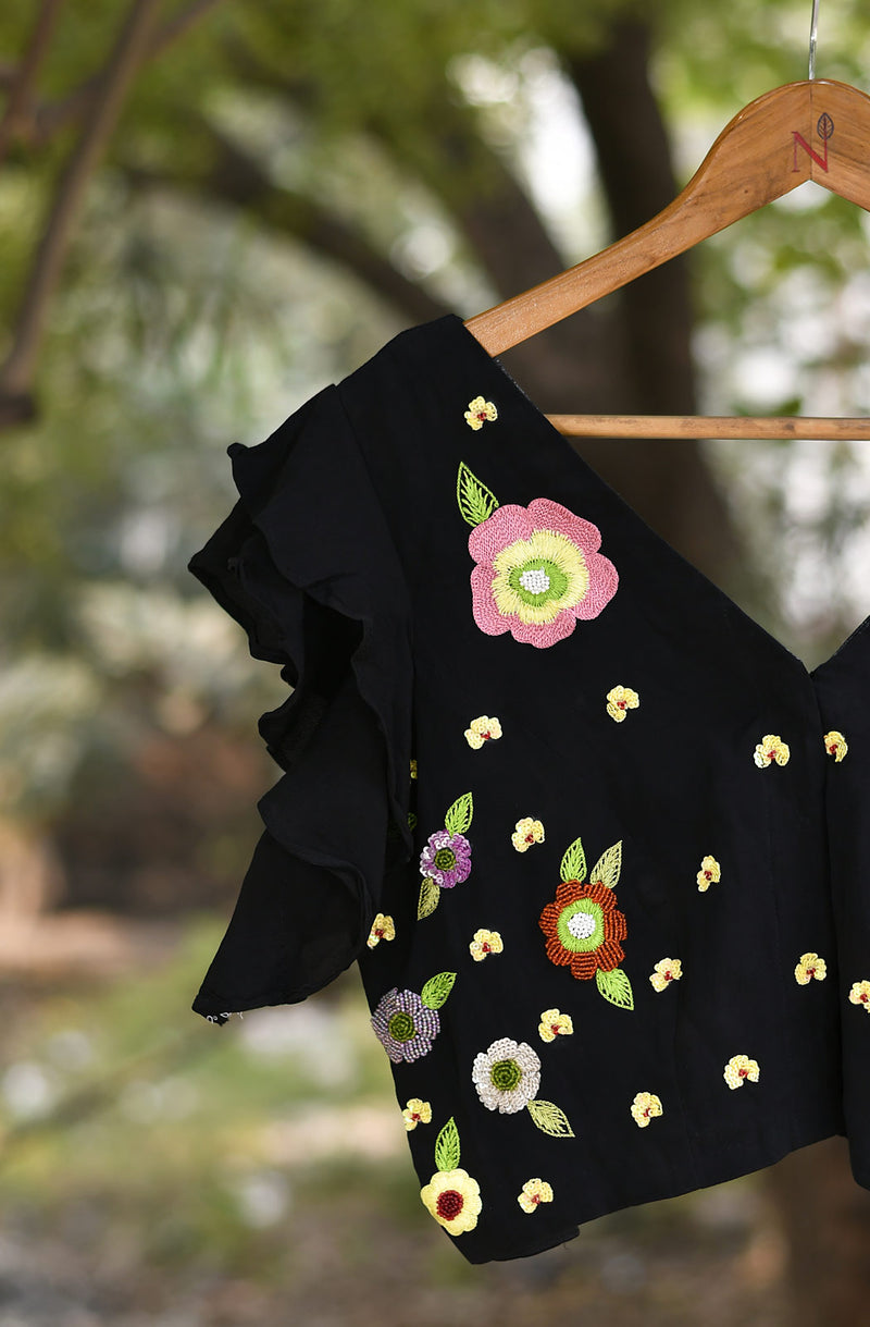 Black Pure Crepe Hand Embroidered Blouse