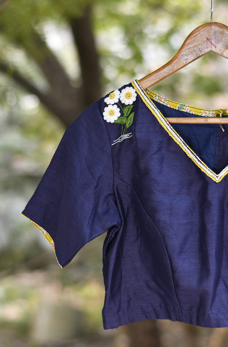 Navy Blue Pure Munga Hand Embroidered Blouse