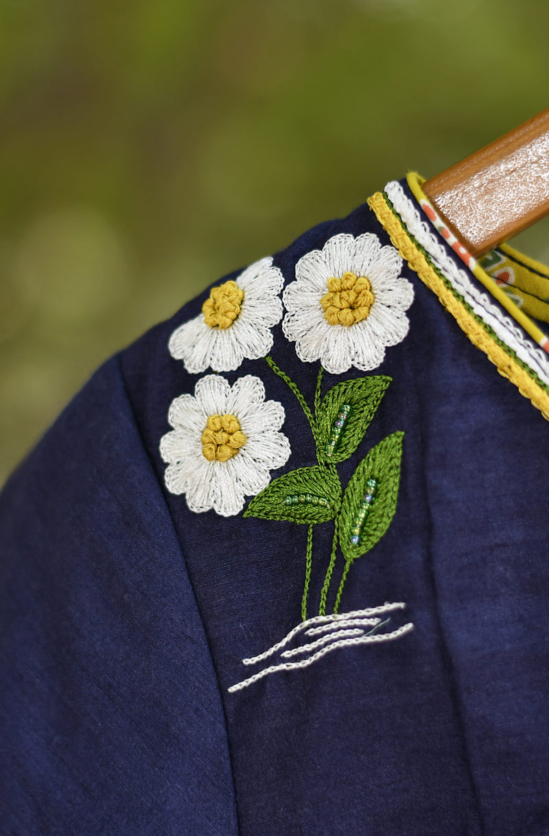 Navy Blue Pure Munga Hand Embroidered Blouse