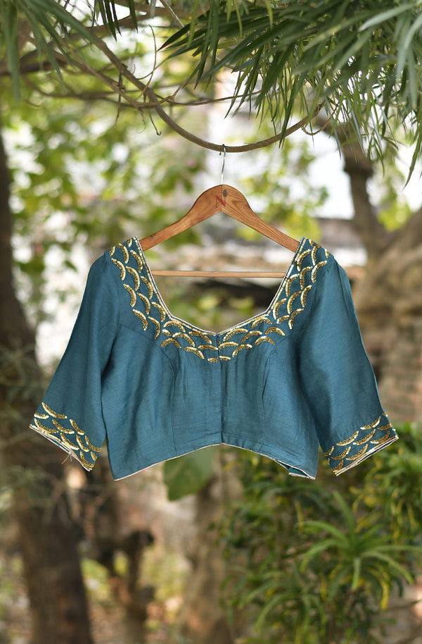 Teal Blue Pure Munga Silk Hand Embroidered Blouse