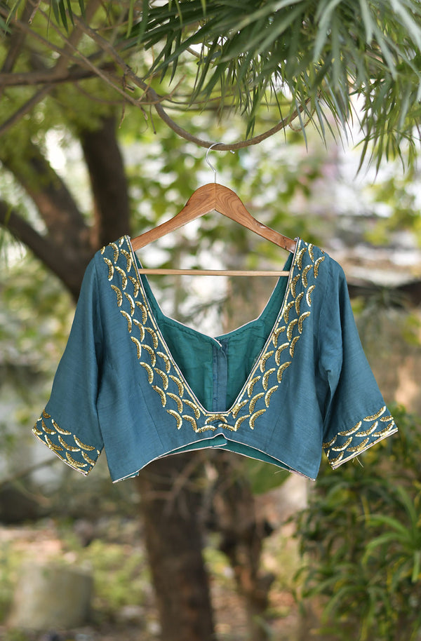 Teal Blue Pure Munga Silk Hand Embroidered Blouse