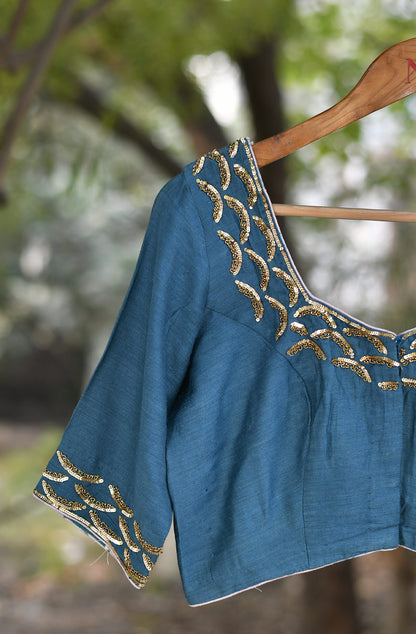 Teal Blue Pure Munga Silk Hand Embroidered Blouse