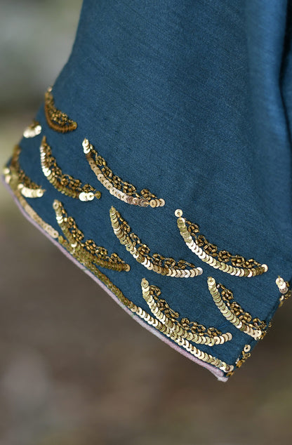 Teal Blue Pure Munga Silk Hand Embroidered Blouse
