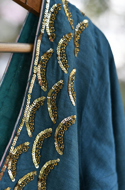 Teal Blue Pure Munga Silk Hand Embroidered Blouse