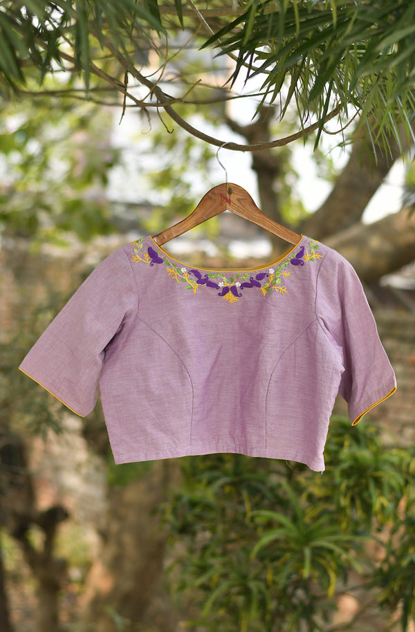 Light Lavender Cotton Linen Hand Embroidered Blouse