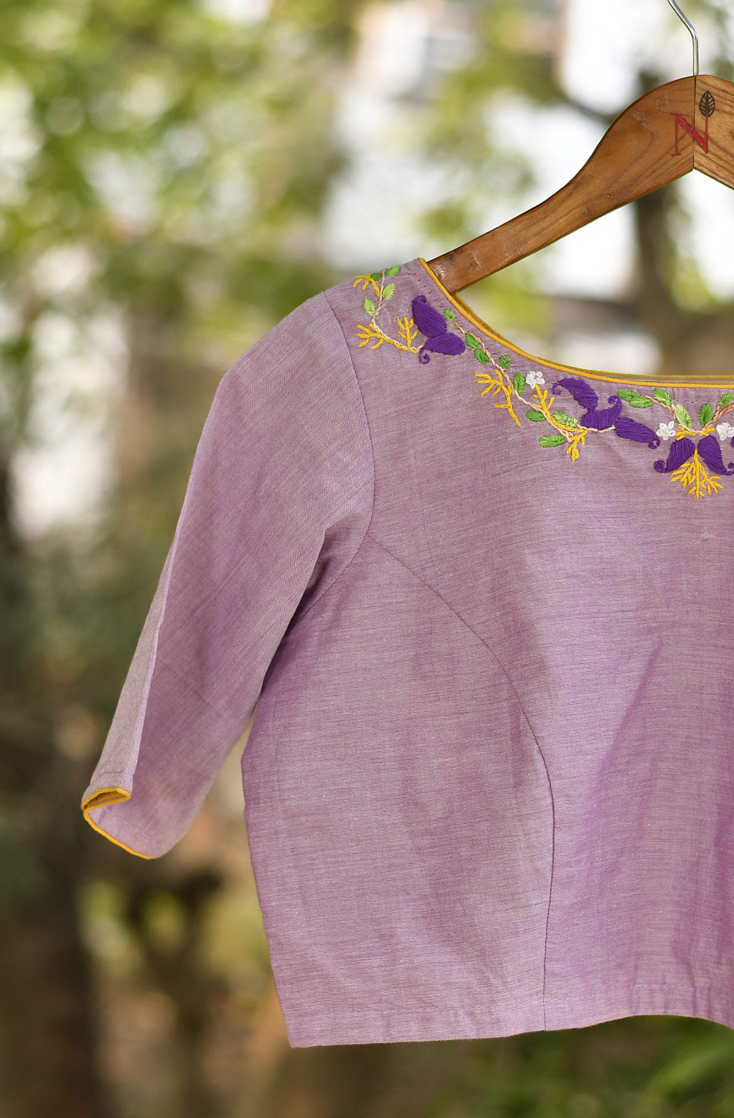 Light Lavender Cotton Linen Hand Embroidered Blouse