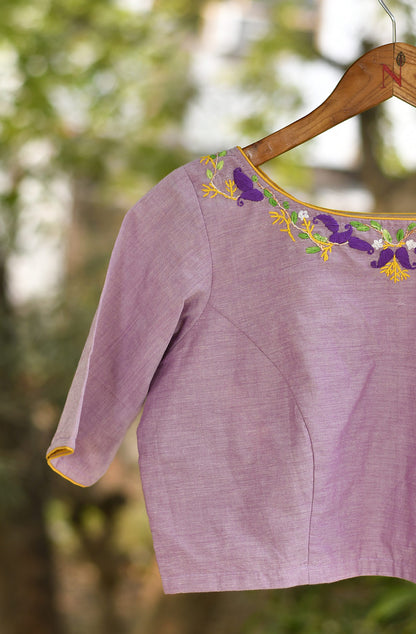 Light Lavender Cotton Linen Hand Embroidered Blouse
