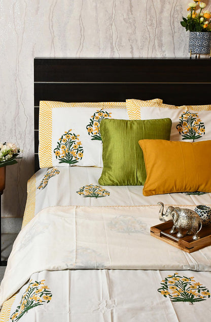 White Floral Block Printed Double Bedsheet & Dohar
