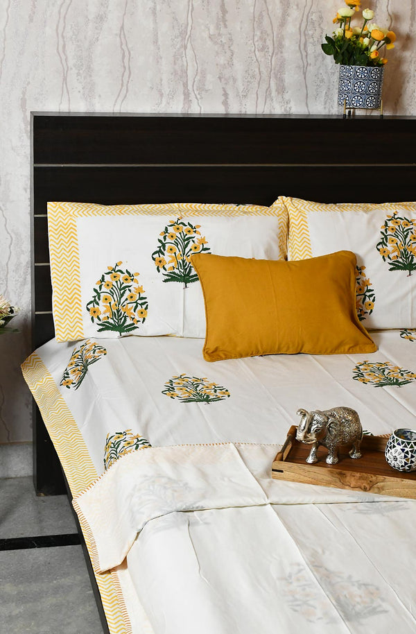 White Floral Block Printed Double Bedsheet & Dohar