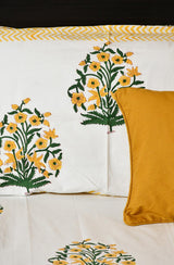 White Floral Block Printed Double Bedsheet & Dohar