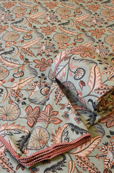 Light Sea Green Floral Block Printed Double Bedsheet & Dohar