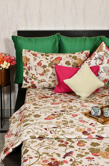Beige Floral Block Printed Double Bedsheet & Dohar