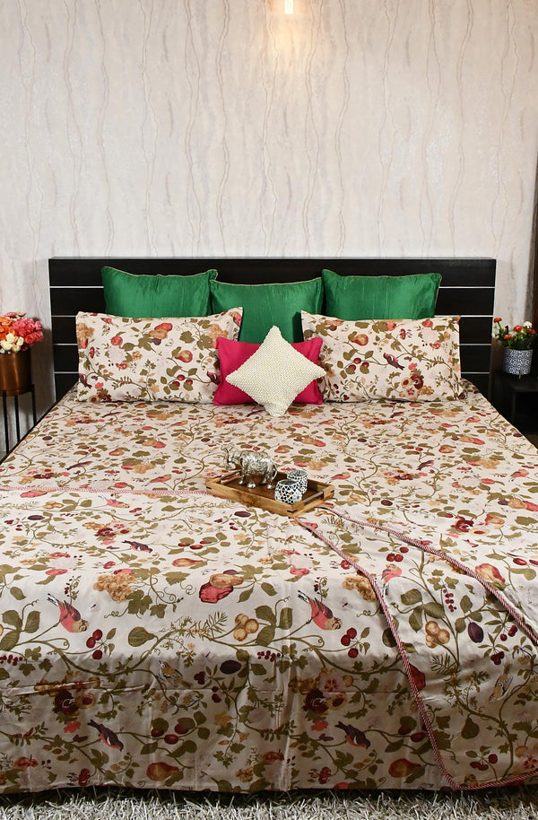 Beige Floral Block Printed Double Bedsheet & Dohar