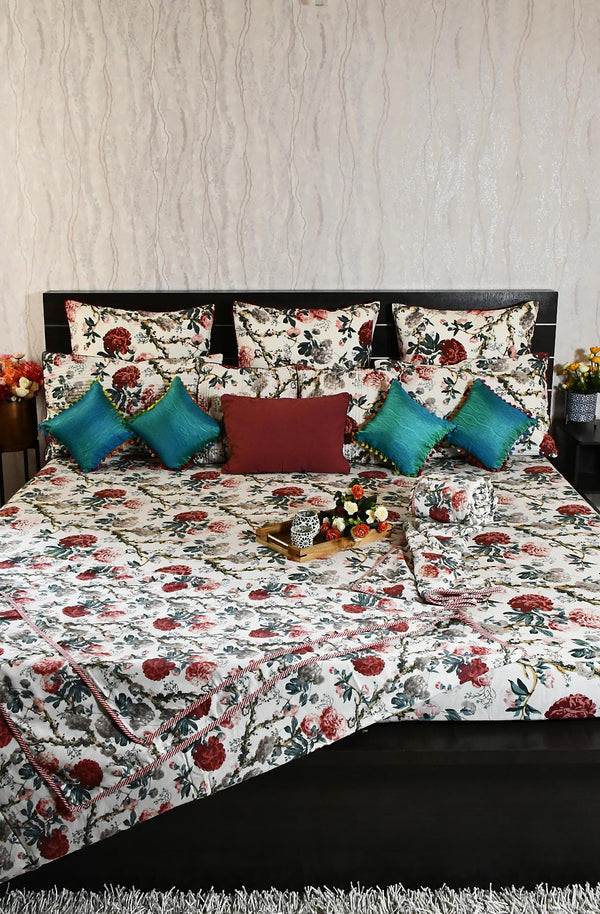 Off White Floral Block Printed Double Bedsheet & Dohar