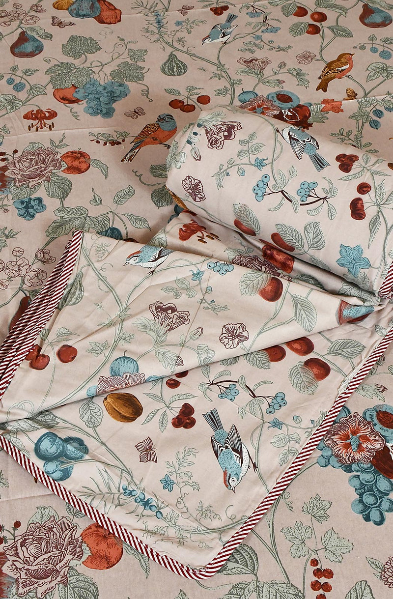 Beige Floral Block Printed Cotton Double Bedsheet & Dohar