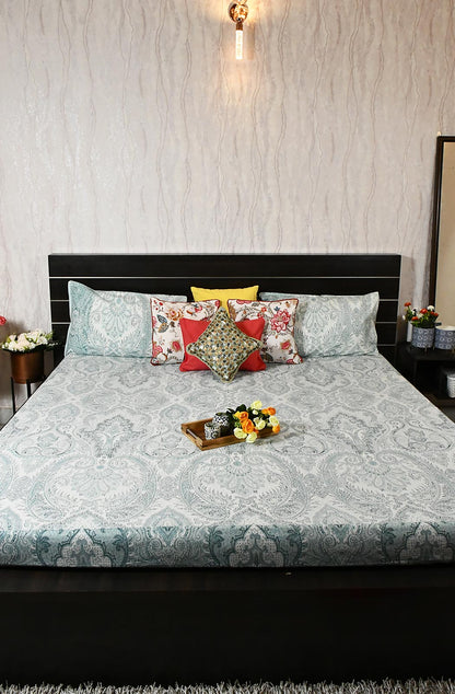 Sea Green Floral Block Printed Double Bedsheet - Naksheband