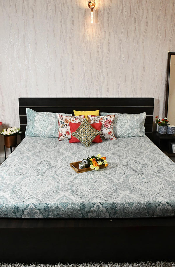 Sea Green Floral Block Printed Double Bedsheet