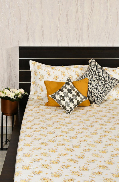 White and Yellow Floral Block Printed Double Bedsheet - Naksheband