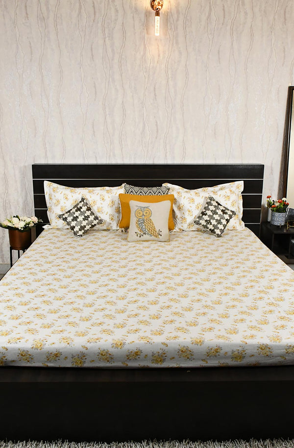 White and Yellow Floral Block Printed Double Bedsheet