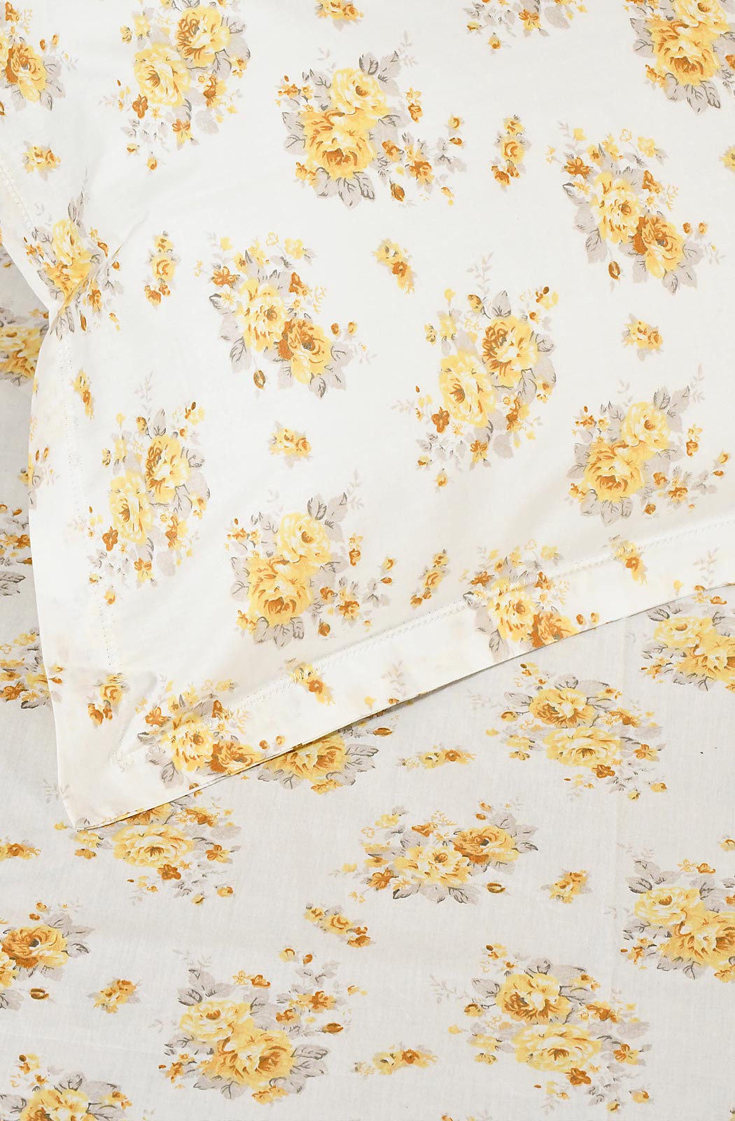 White and Yellow Floral Block Printed Double Bedsheet - Naksheband
