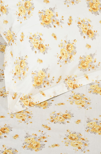 White and Yellow Floral Block Printed Double Bedsheet - Naksheband