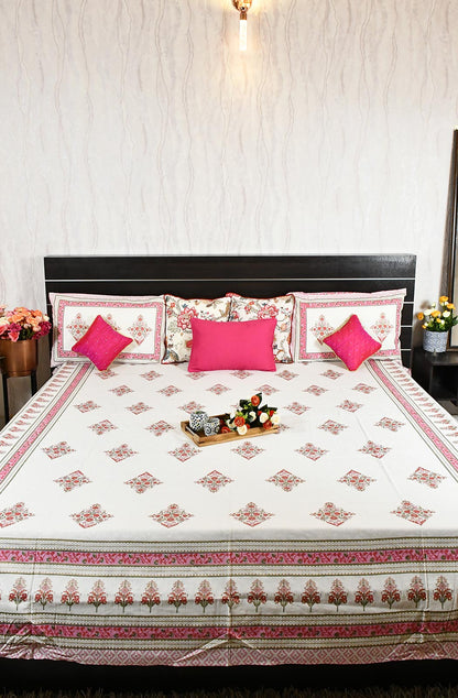 White Floral Block Printed Double Bedsheet - Naksheband